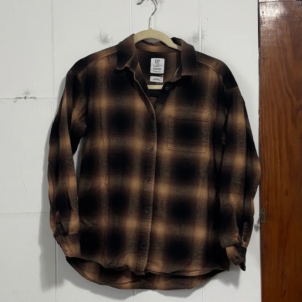 Gap Teen Kids XL 12 Brown Black Plaid‎ Flannel Organic Cotton Button Down Shirt